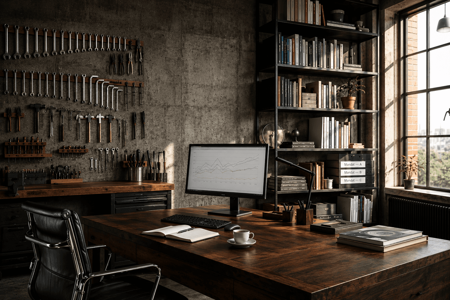 Werkstatt-Wide-Shot mit Werkzeugwand und Holzschreibtisch — Editorial-Stillleben